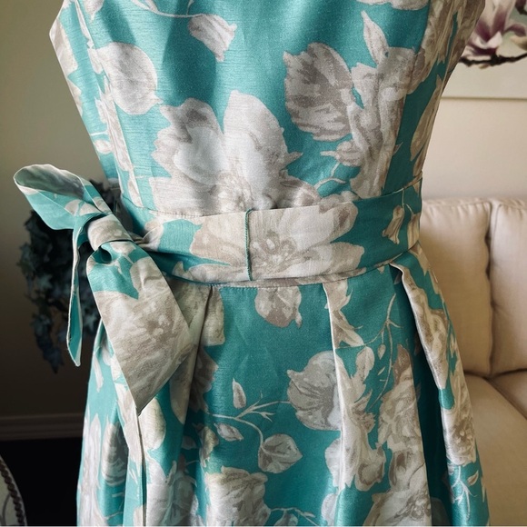 Jessica Howard Turquoise White Taupe Belted Fit And Flare Swing Dress - Picture 6 of 16